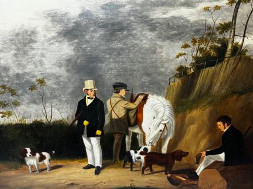 HUNTING PARTY OIL PAINTING LORD WITH PURDEY IN GREY TOP HAT DOGS - ADDITIONAL PHOTO 10