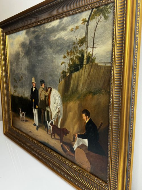 HUNTING PARTY OIL PAINTING LORD WITH PURDEY IN GREY TOP HAT DOGS - ADDITIONAL PHOTO 11