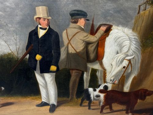 HUNTING PARTY OIL PAINTING LORD WITH PURDEY IN GREY TOP HAT DOGS - ADDITIONAL PHOTO 13