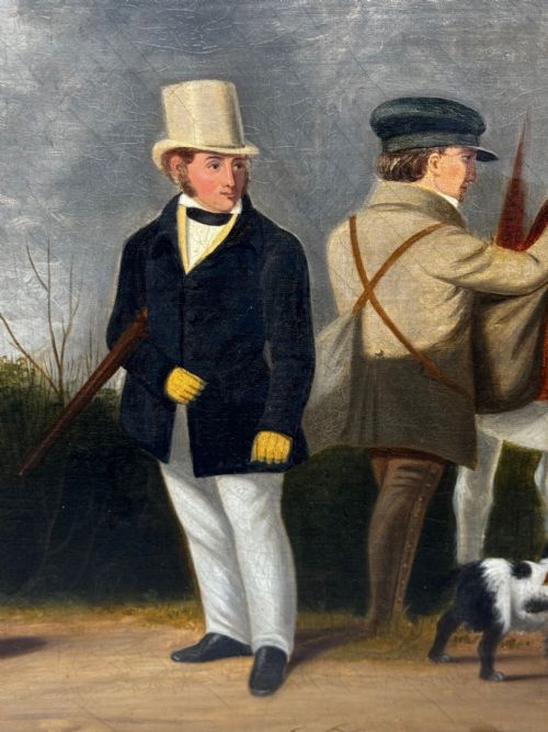 HUNTING PARTY OIL PAINTING LORD WITH PURDEY IN GREY TOP HAT DOGS - ADDITIONAL PHOTO 27