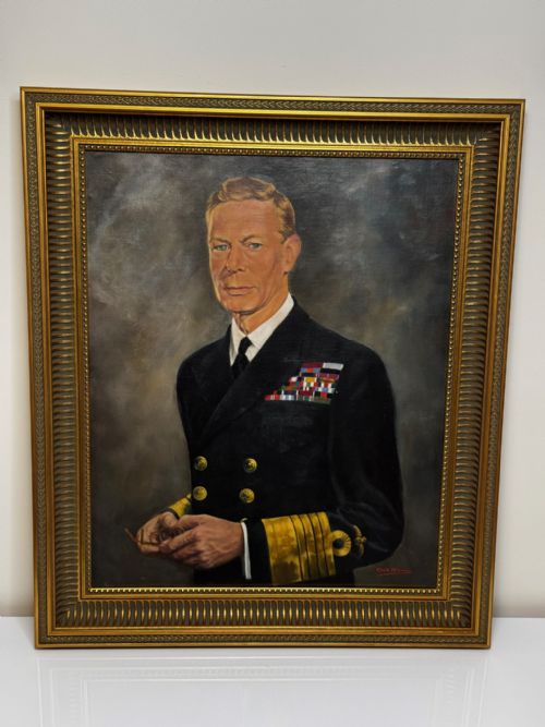 PORTRAIT OIL PAINTING MONARCH KING GEORGE VI NAVAL UNIFORM C1950 - ADDITIONAL PHOTO 1