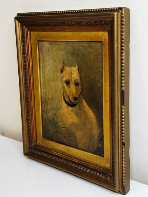 OIL PAINTING SAD WHITE ENGLISH TERRIER DOG FOLLOWER OF JOHN EMMS - ADDITIONAL PHOTO 3