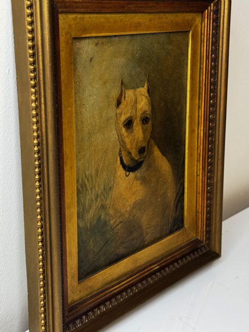 OIL PAINTING SAD WHITE ENGLISH TERRIER DOG FOLLOWER OF JOHN EMMS - ADDITIONAL PHOTO 5