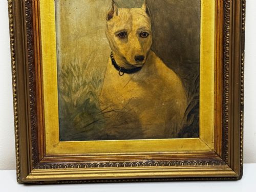 OIL PAINTING SAD WHITE ENGLISH TERRIER DOG FOLLOWER OF JOHN EMMS - ADDITIONAL PHOTO 6