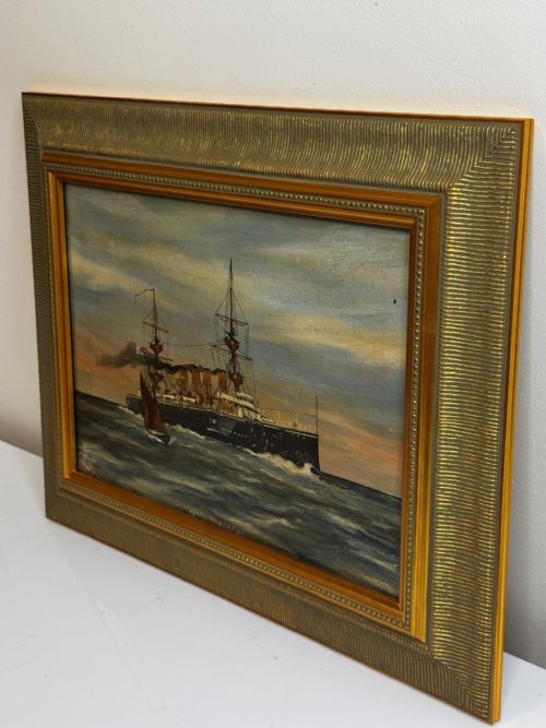 OIL PAINTING HMS POWERFUL CRUISER SHIP FOLLOWER OF CHARLES DIXON - ADDITIONAL PHOTO 3