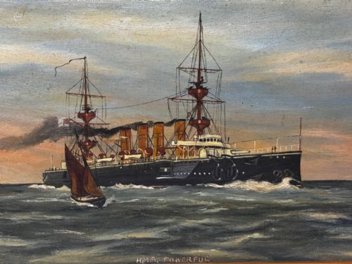 OIL PAINTING HMS POWERFUL CRUISER SHIP FOLLOWER OF CHARLES DIXON - ADDITIONAL PHOTO 4