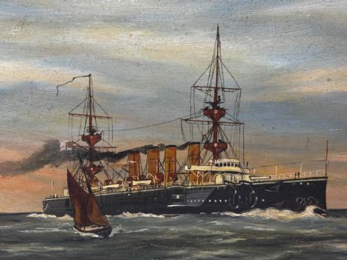 OIL PAINTING HMS POWERFUL CRUISER SHIP FOLLOWER OF CHARLES DIXON - ADDITIONAL PHOTO 7