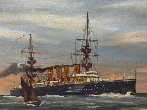 OIL PAINTING HMS POWERFUL CRUISER SHIP FOLLOWER OF CHARLES DIXON - ADDITIONAL PHOTO 8