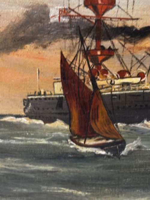 OIL PAINTING HMS POWERFUL CRUISER SHIP FOLLOWER OF CHARLES DIXON - ADDITIONAL PHOTO 10