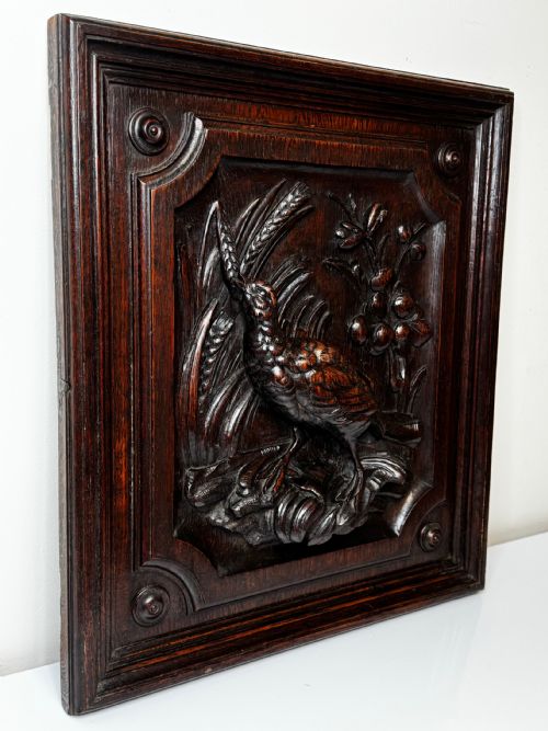 CARVED TIGER OAK VICTORIAN PUGIN DESIGN WALL HUNTING SCULPTURE GROUSE PANEL - ADDITIONAL PHOTO 1