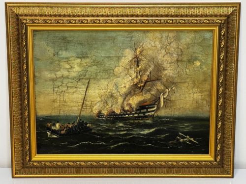 OIL PAINTING BURNING HMS BOMBAY SHIP FOLLOWER RICHARD BRYDGES BEECHEY - ADDITIONAL PHOTO 1