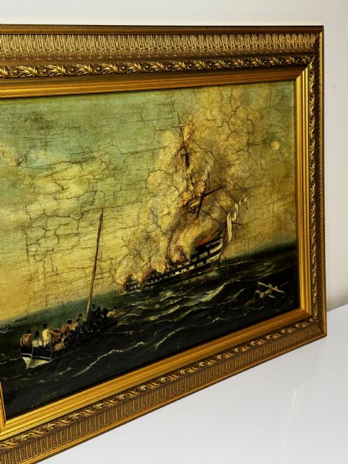 OIL PAINTING BURNING HMS BOMBAY SHIP FOLLOWER RICHARD BRYDGES BEECHEY - ADDITIONAL PHOTO 2