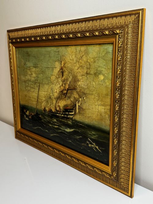 OIL PAINTING BURNING HMS BOMBAY SHIP FOLLOWER RICHARD BRYDGES BEECHEY - ADDITIONAL PHOTO 4