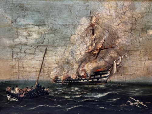 OIL PAINTING BURNING HMS BOMBAY SHIP FOLLOWER RICHARD BRYDGES BEECHEY - ADDITIONAL PHOTO 10