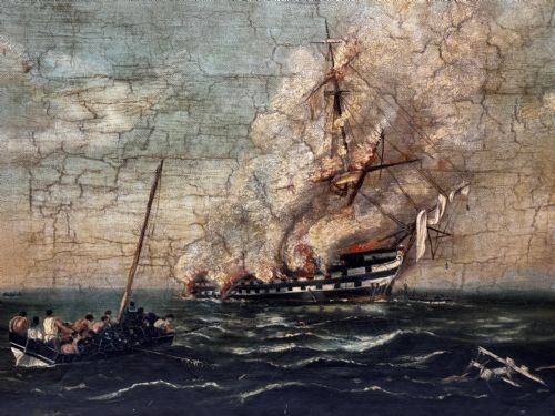 OIL PAINTING BURNING HMS BOMBAY SHIP FOLLOWER RICHARD BRYDGES BEECHEY - ADDITIONAL PHOTO 11