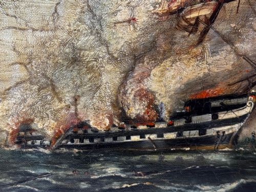 OIL PAINTING BURNING HMS BOMBAY SHIP FOLLOWER RICHARD BRYDGES BEECHEY - ADDITIONAL PHOTO 20