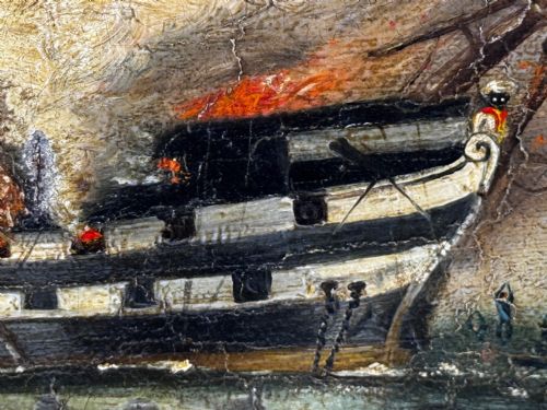 OIL PAINTING BURNING HMS BOMBAY SHIP FOLLOWER RICHARD BRYDGES BEECHEY - ADDITIONAL PHOTO 22
