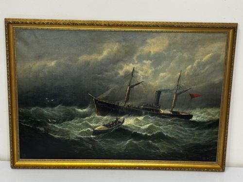 VICTORIAN OIL PAINTING SEALER STEAM SHIP OF DUNDEE SINKING THE RESCUE - ADDITIONAL PHOTO 1