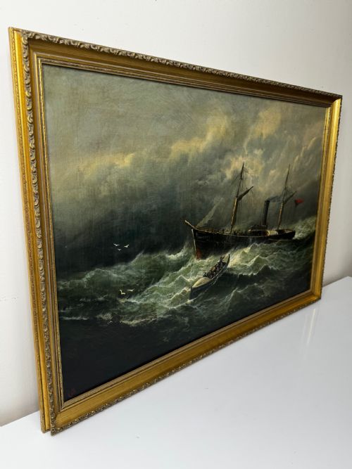 VICTORIAN OIL PAINTING SEALER STEAM SHIP OF DUNDEE SINKING THE RESCUE - ADDITIONAL PHOTO 5