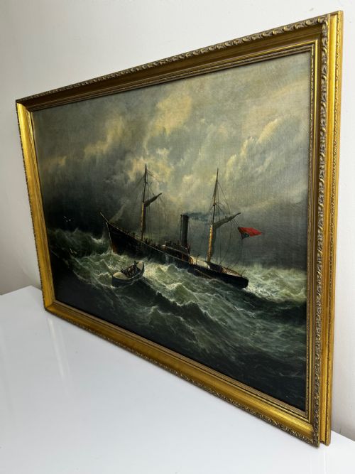VICTORIAN OIL PAINTING SEALER STEAM SHIP OF DUNDEE SINKING THE RESCUE - ADDITIONAL PHOTO 7