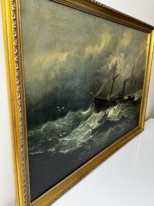 VICTORIAN OIL PAINTING SEALER STEAM SHIP OF DUNDEE SINKING THE RESCUE - ADDITIONAL PHOTO 8
