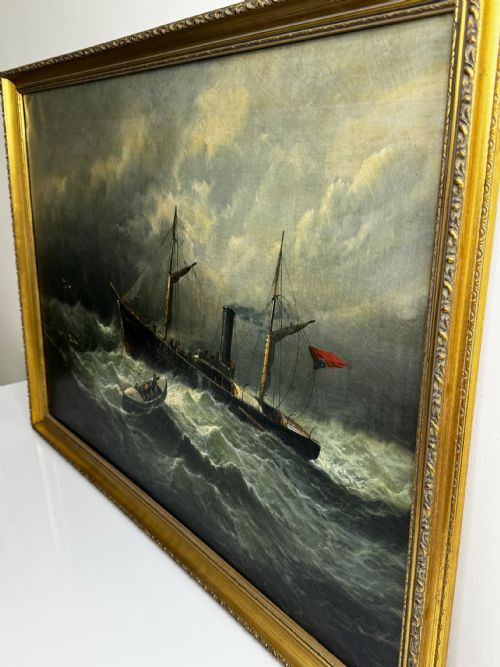 VICTORIAN OIL PAINTING SEALER STEAM SHIP OF DUNDEE SINKING THE RESCUE - ADDITIONAL PHOTO 9