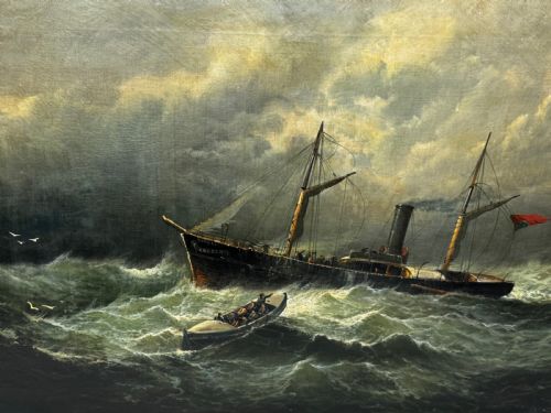VICTORIAN OIL PAINTING SEALER STEAM SHIP OF DUNDEE SINKING THE RESCUE - ADDITIONAL PHOTO 13