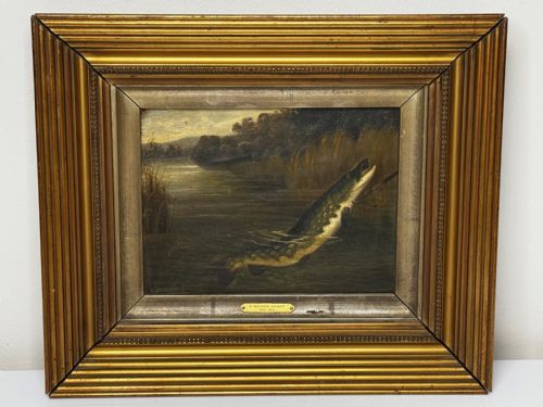 fig 1. An antique Victorian oil painting depicting a northern pike fish surfacing from a river, set within a gilded moulded frame.