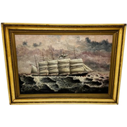 LARGE OIL PAINTING 5 MASTED SHIP POTOSI NAVIGATING DRAKES PASSAGE
