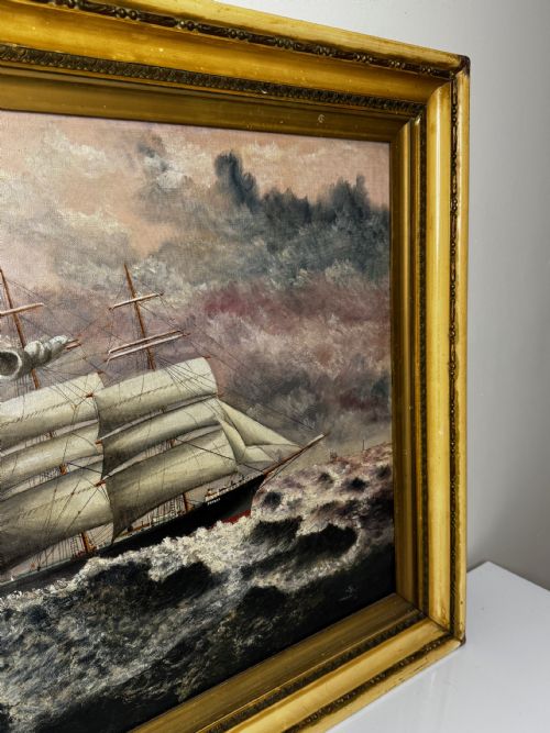 LARGE OIL PAINTING 5 MASTED SHIP POTOSI NAVIGATING DRAKES PASSAGE - ADDITIONAL PHOTO 1
