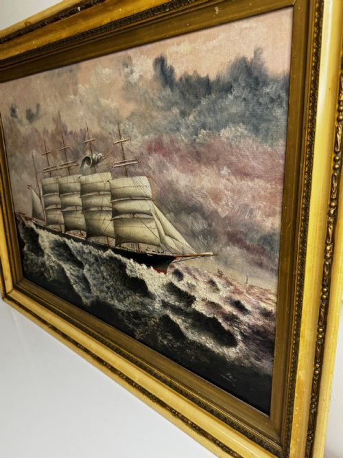 LARGE OIL PAINTING 5 MASTED SHIP POTOSI NAVIGATING DRAKES PASSAGE - ADDITIONAL PHOTO 8