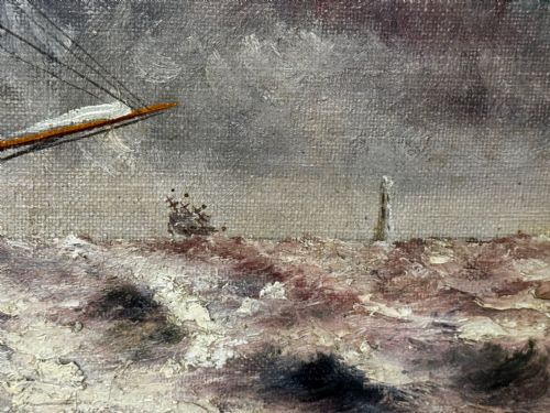 LARGE OIL PAINTING 5 MASTED SHIP POTOSI NAVIGATING DRAKES PASSAGE - ADDITIONAL PHOTO 12