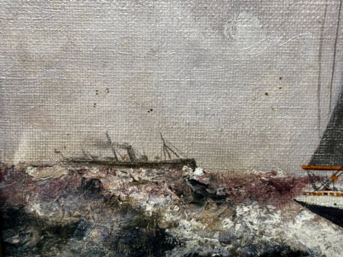 LARGE OIL PAINTING 5 MASTED SHIP POTOSI NAVIGATING DRAKES PASSAGE - ADDITIONAL PHOTO 13