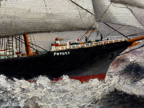 LARGE OIL PAINTING 5 MASTED SHIP POTOSI NAVIGATING DRAKES PASSAGE - ADDITIONAL PHOTO 17