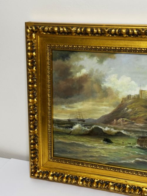 VICTORIAN OIL PAINTING BAMBURGH CASTLE SHIPWRECK BEACHED - ADDITIONAL PHOTO 1
