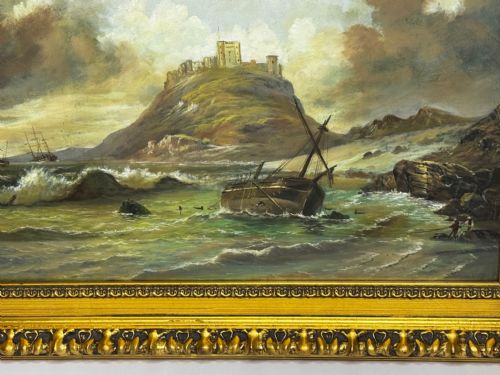 VICTORIAN OIL PAINTING BAMBURGH CASTLE SHIPWRECK BEACHED - ADDITIONAL PHOTO 2