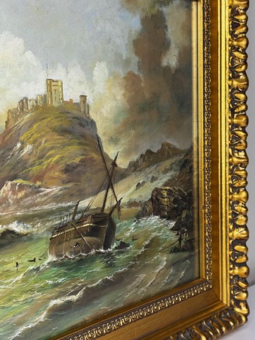 VICTORIAN OIL PAINTING BAMBURGH CASTLE SHIPWRECK BEACHED - ADDITIONAL PHOTO 3