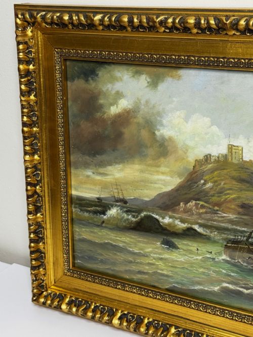 VICTORIAN OIL PAINTING BAMBURGH CASTLE SHIPWRECK BEACHED - ADDITIONAL PHOTO 4