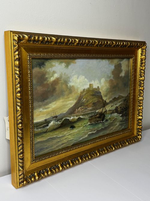 VICTORIAN OIL PAINTING BAMBURGH CASTLE SHIPWRECK BEACHED - ADDITIONAL PHOTO 5