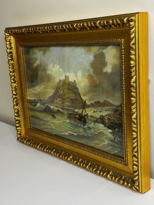 VICTORIAN OIL PAINTING BAMBURGH CASTLE SHIPWRECK BEACHED - ADDITIONAL PHOTO 7