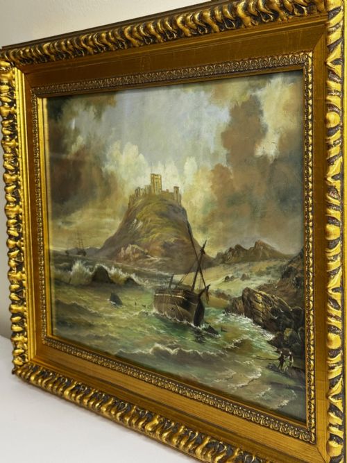 VICTORIAN OIL PAINTING BAMBURGH CASTLE SHIPWRECK BEACHED - ADDITIONAL PHOTO 8