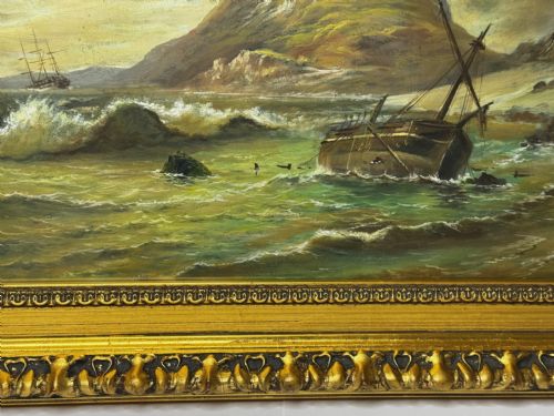 VICTORIAN OIL PAINTING BAMBURGH CASTLE SHIPWRECK BEACHED - ADDITIONAL PHOTO 9