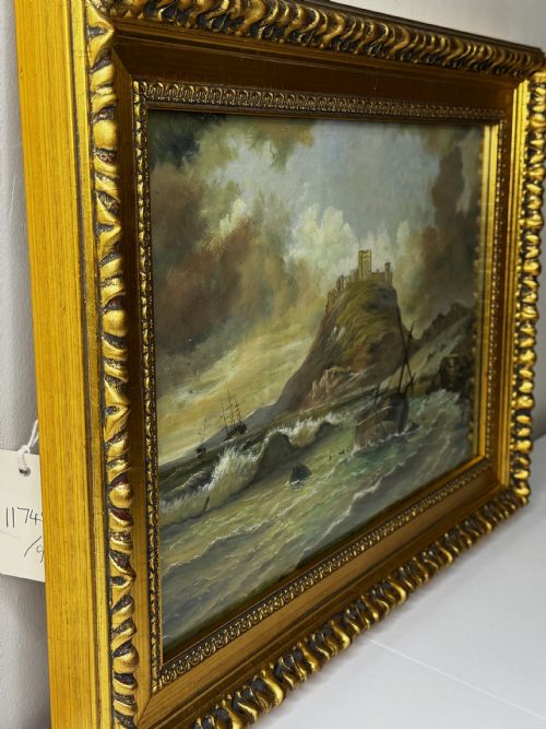 VICTORIAN OIL PAINTING BAMBURGH CASTLE SHIPWRECK BEACHED - ADDITIONAL PHOTO 10