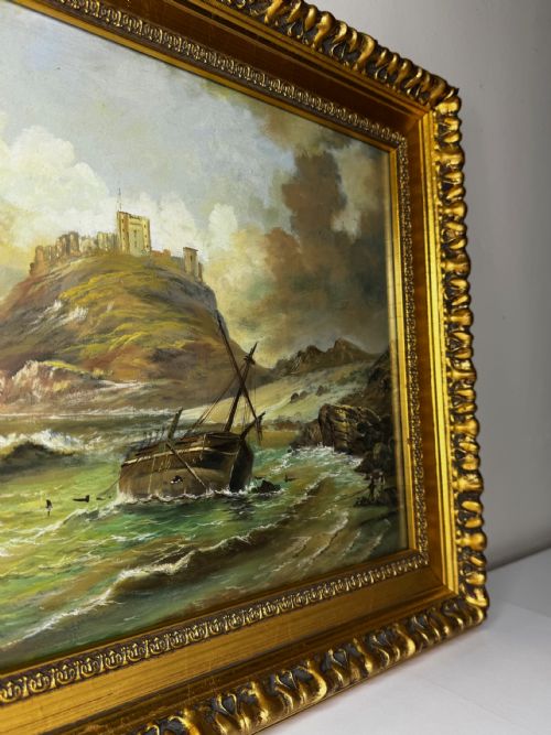 VICTORIAN OIL PAINTING BAMBURGH CASTLE SHIPWRECK BEACHED - ADDITIONAL PHOTO 13
