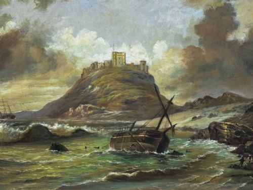 VICTORIAN OIL PAINTING BAMBURGH CASTLE SHIPWRECK BEACHED - ADDITIONAL PHOTO 14