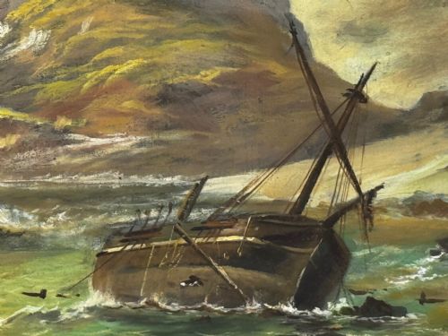 VICTORIAN OIL PAINTING BAMBURGH CASTLE SHIPWRECK BEACHED - ADDITIONAL PHOTO 17