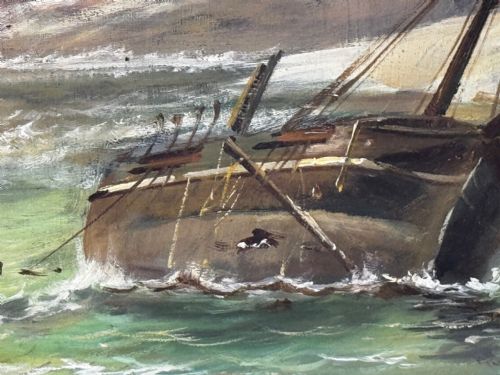 VICTORIAN OIL PAINTING BAMBURGH CASTLE SHIPWRECK BEACHED - ADDITIONAL PHOTO 18