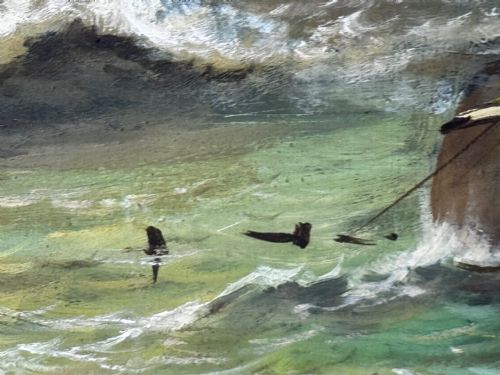 VICTORIAN OIL PAINTING BAMBURGH CASTLE SHIPWRECK BEACHED - ADDITIONAL PHOTO 21