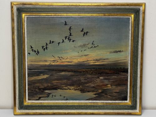 OIL PAINTING SKEIN BRENT GEESE FLYING OVER MARSH THE FENS HOLBEACH - ADDITIONAL PHOTO 1