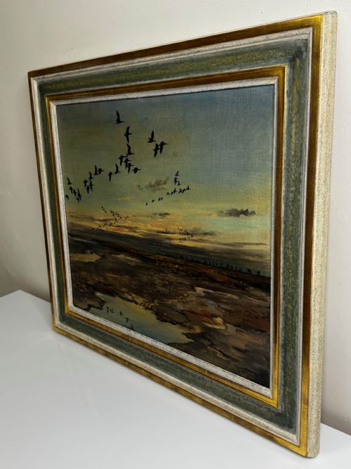 OIL PAINTING SKEIN BRENT GEESE FLYING OVER MARSH THE FENS HOLBEACH - ADDITIONAL PHOTO 3